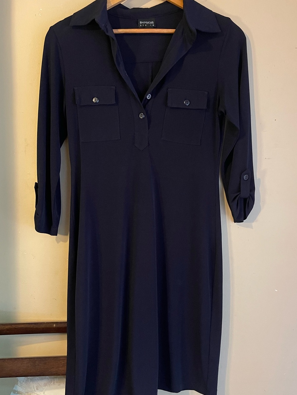 En Focus Studio Navy Blue Long Sleeve Belted Shirt Dress Sz